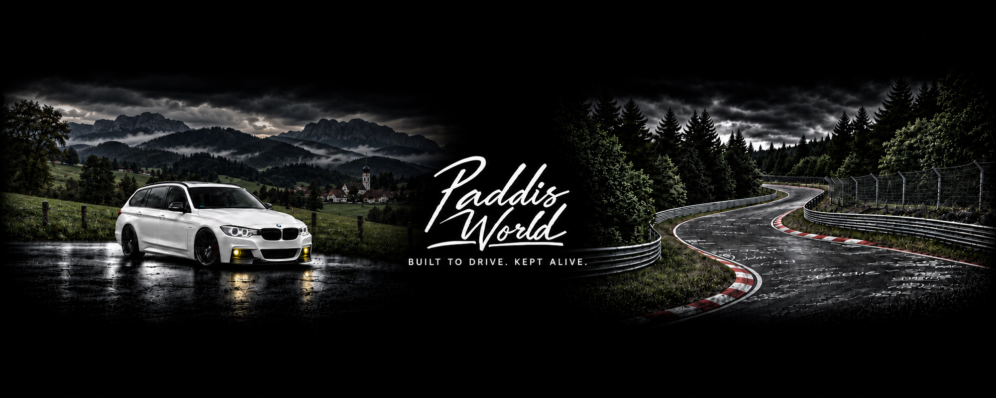 Arte conceitual do Paddis World: BMW Touring branco, paisagem da Baviera e pista inspirada no Nürburgring